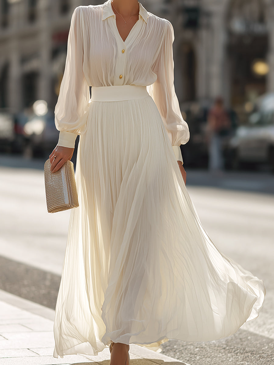 Pleated Shirt Top And Maxi Skirt Set