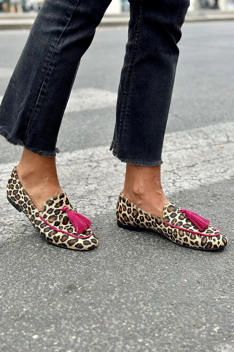 Leopard Print Loafer With Fuchsia Fringes