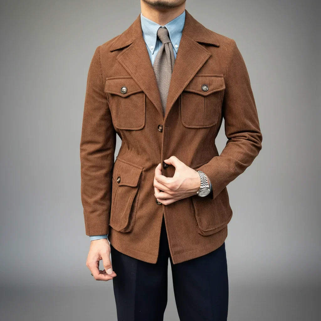 Men’s Tailored Blazer – Herringbone with Gold-Tone Buttons