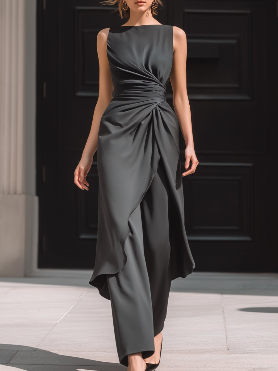 Ruched Asymmetric Top & Wide-Leg Trouser Tailored Two-Piece Set