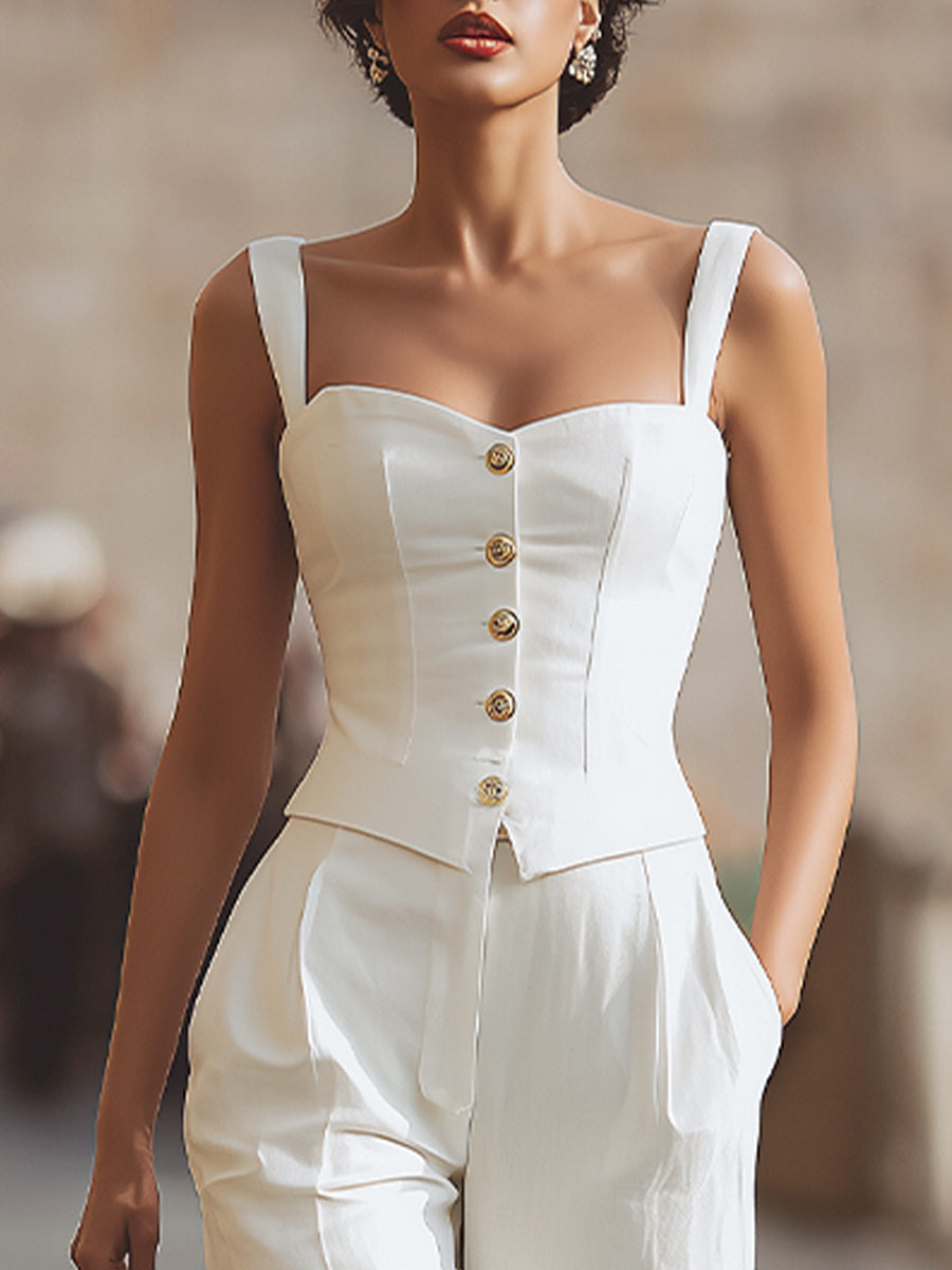 Elegant Button-Front Top & High-Rise Tailored Trouser Set