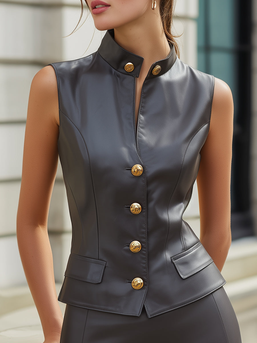 Faux Leather Gold-Button Sleeveless Top & Pencil Skirt Set