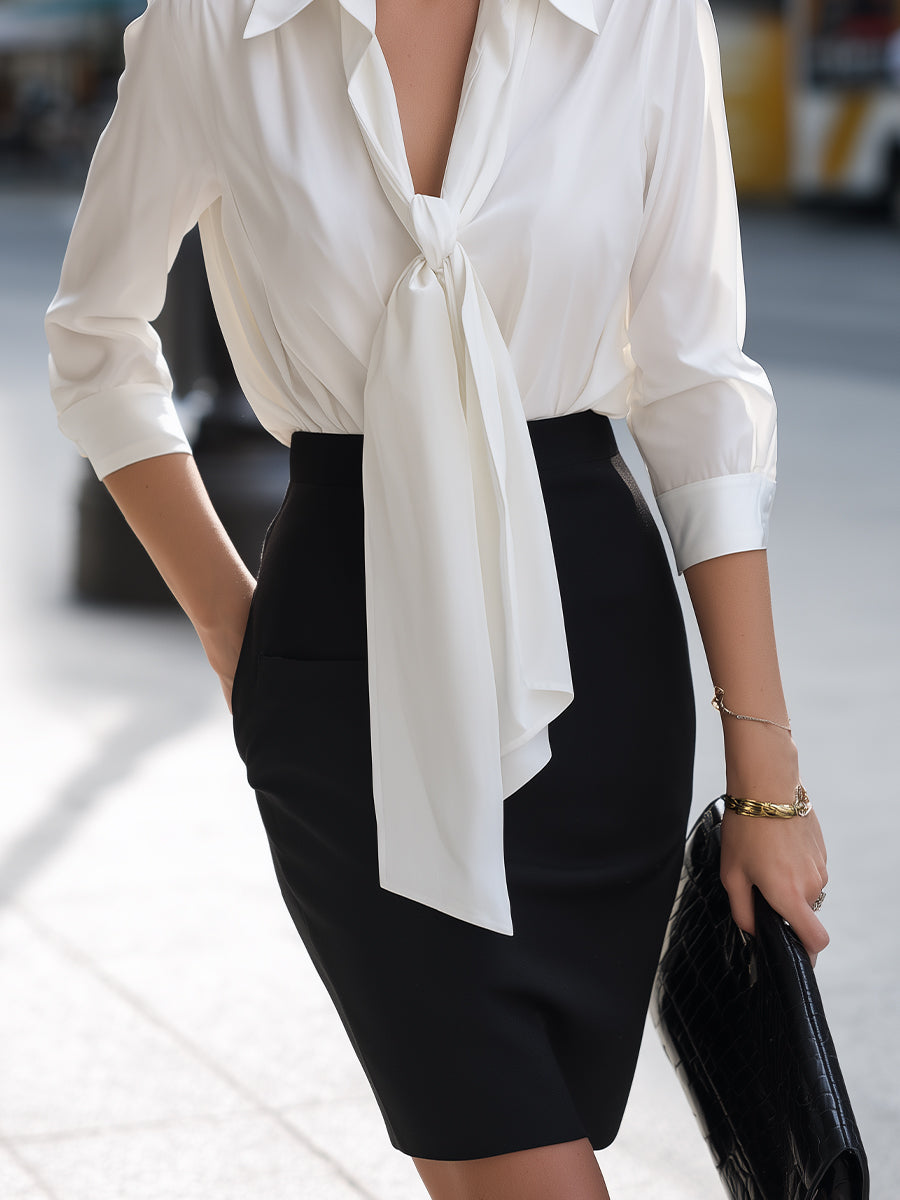 Tie-Neck Blouse And High-Waisted Pencil Skirt Tailored Set