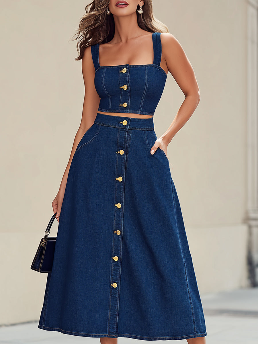 Retro Indigo Denim Bustier Crop Top & Maxi Skirt Two-Piece Set