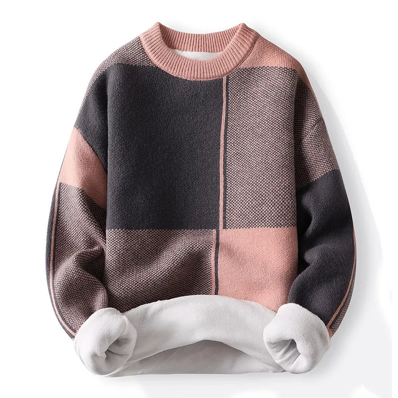 Men’s Colour-Block Knitted Jumper – Crew Neck, Long Sleeve - Geometric Design