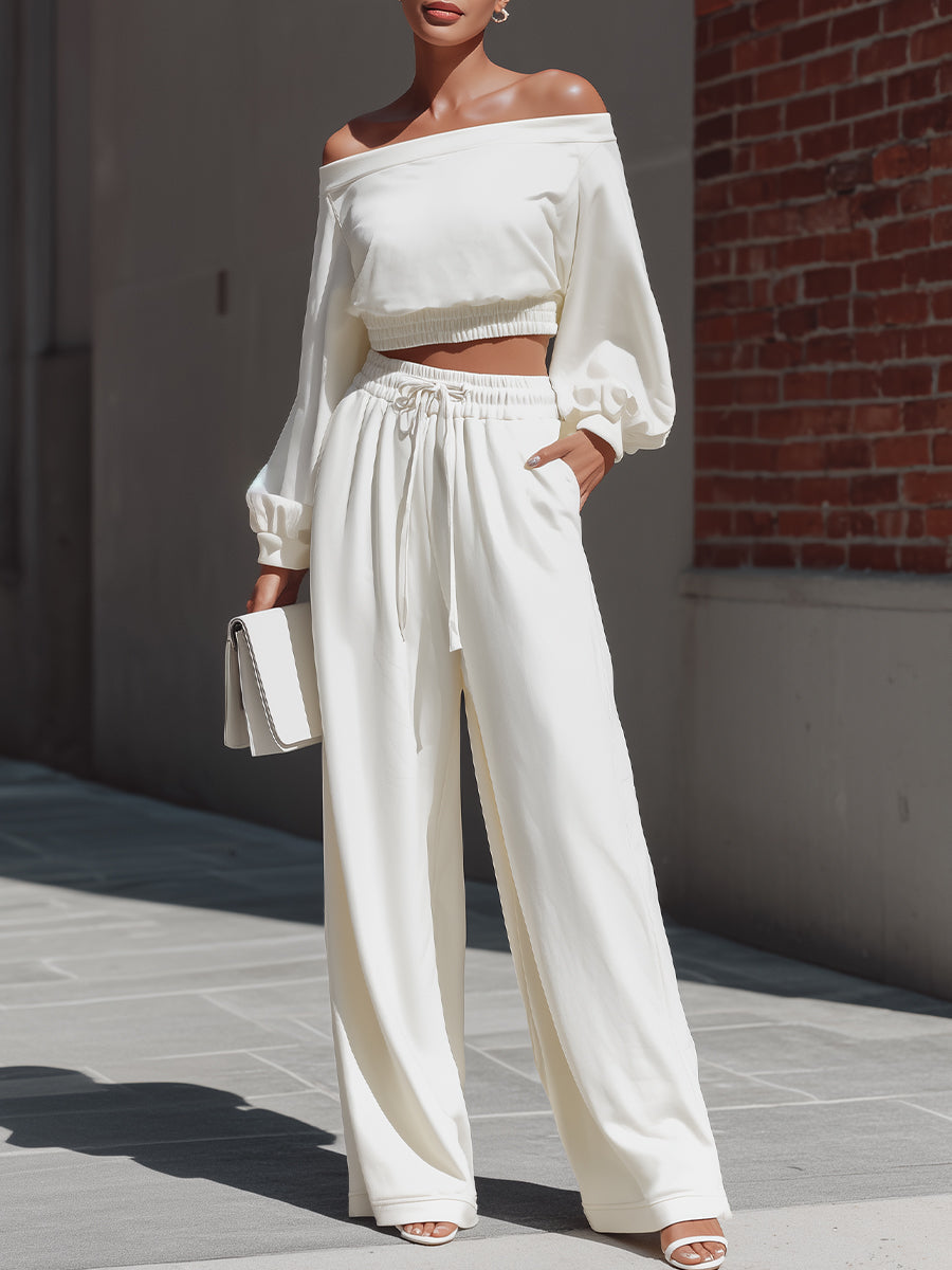 Off-Shoulder Crop Top & Wide-Leg Pants Loungewear Set