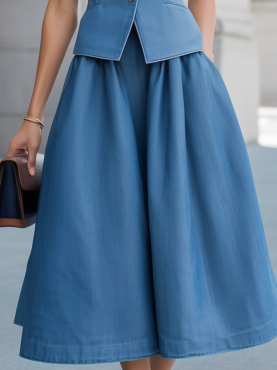 Denim Blue Mandarin Collar Vest & Midi Skirt Two-Piece Set
