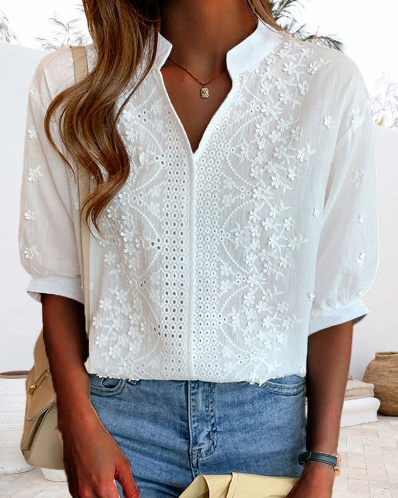 Blouse Femme Amélie – Top with V-Neck and Puff Sleeves, Cotton Blend & Patchwork Details