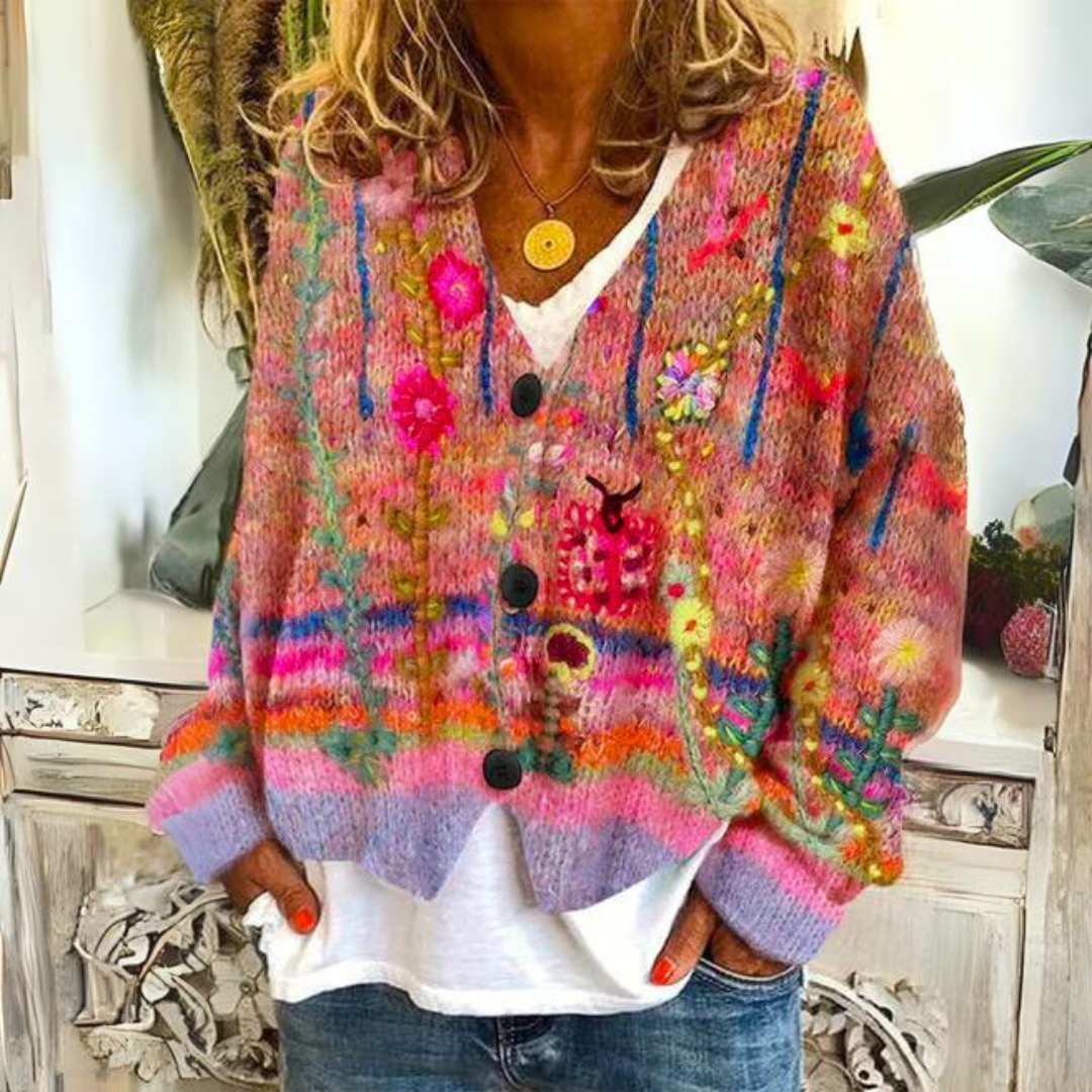 Elisa Cardigan Bohème – Multicolor Cardigan with Floral Embroidery and Loose Fit