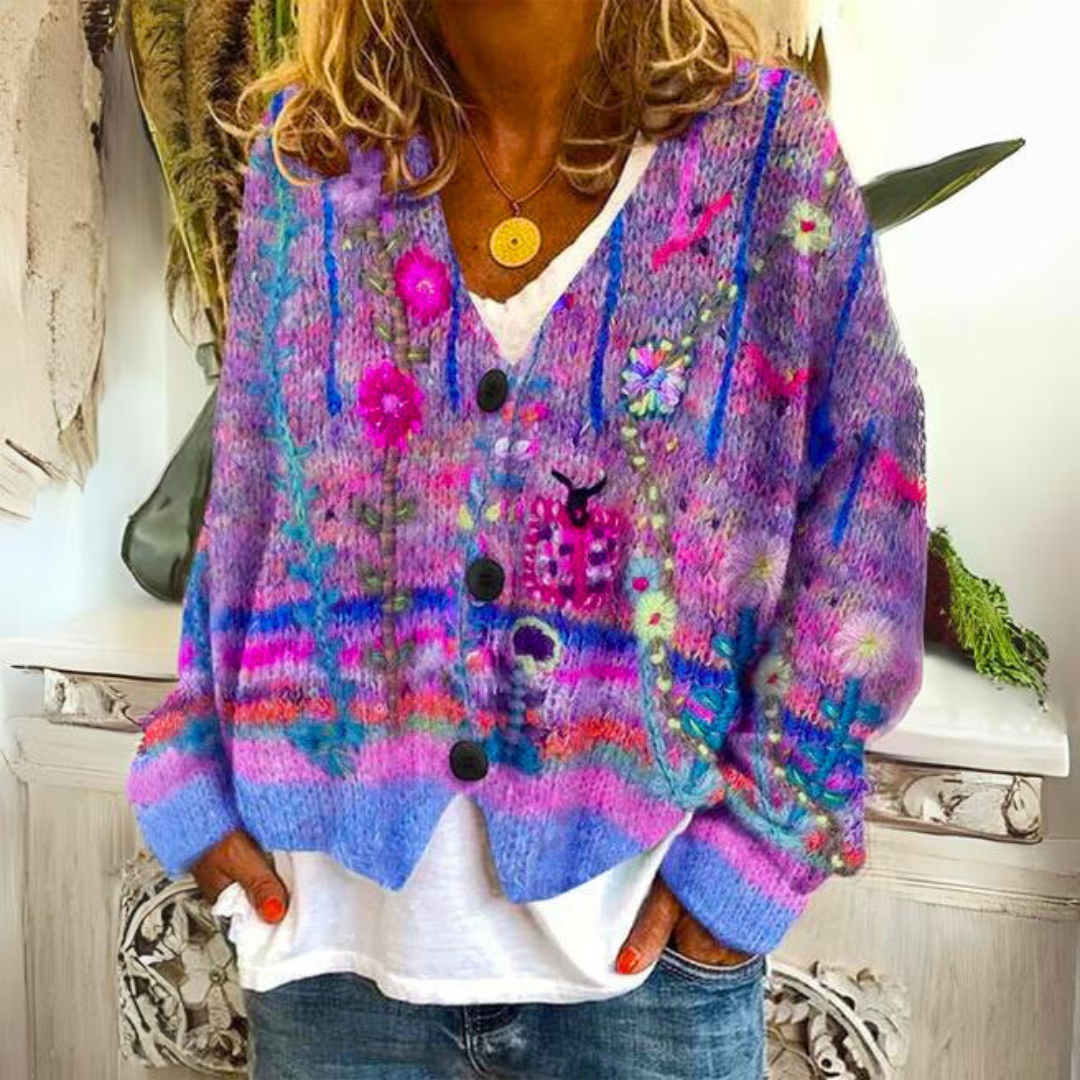 Elisa Cardigan Bohème – Multicolor Cardigan with Floral Embroidery and Loose Fit