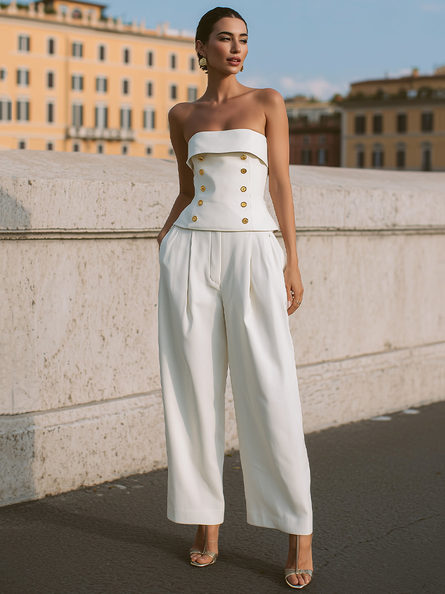 Strapless Peplum Set: Gold-Button Top & Wide-Leg Trousers