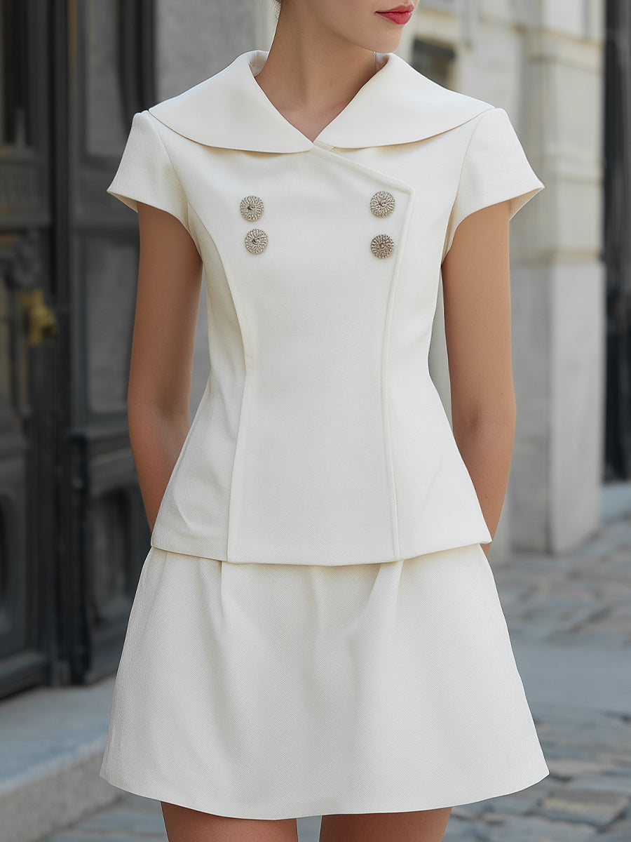 Elegant Double-Breasted Sculpted Top & A-Line Skirt Set