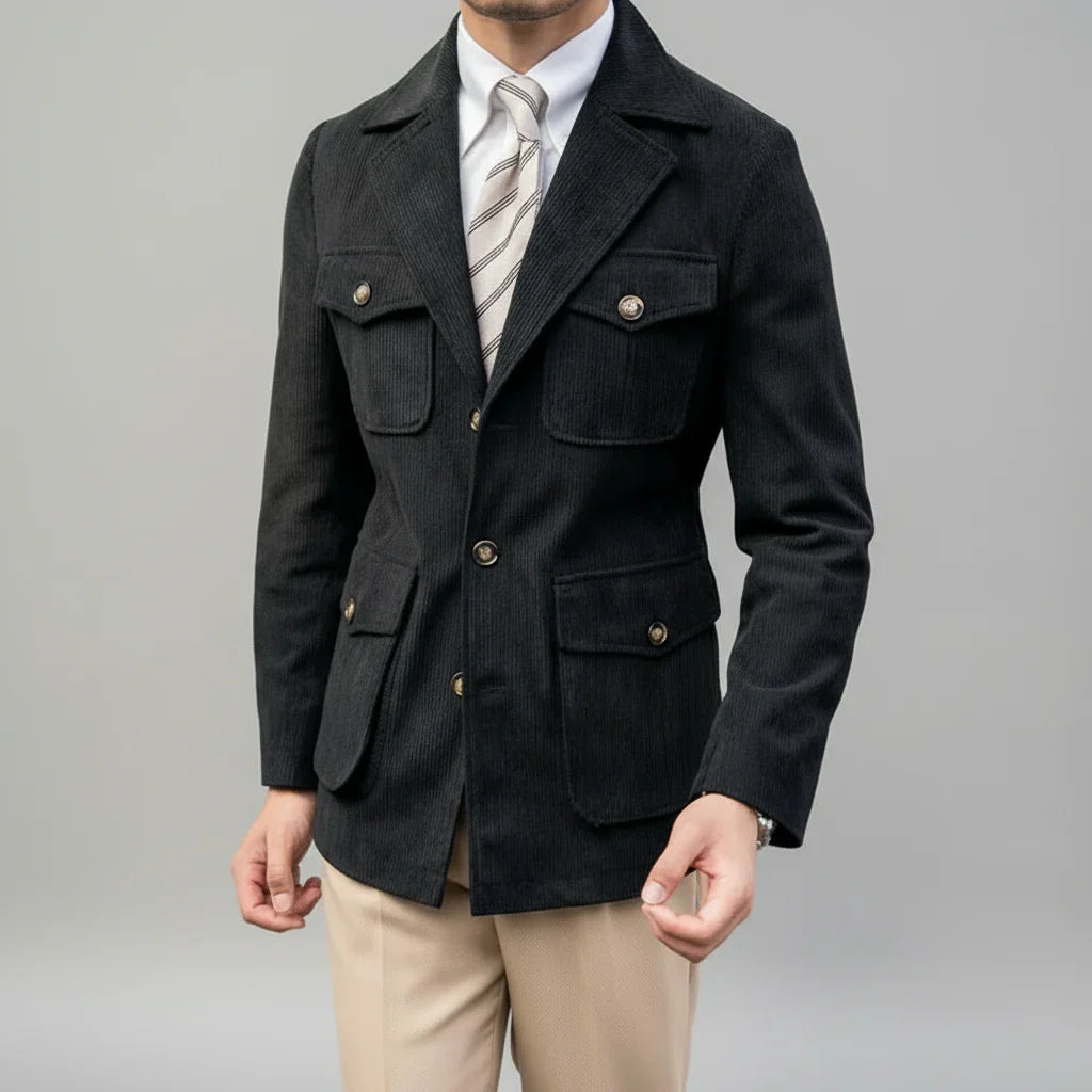 Men’s Tailored Blazer – Herringbone with Gold-Tone Buttons