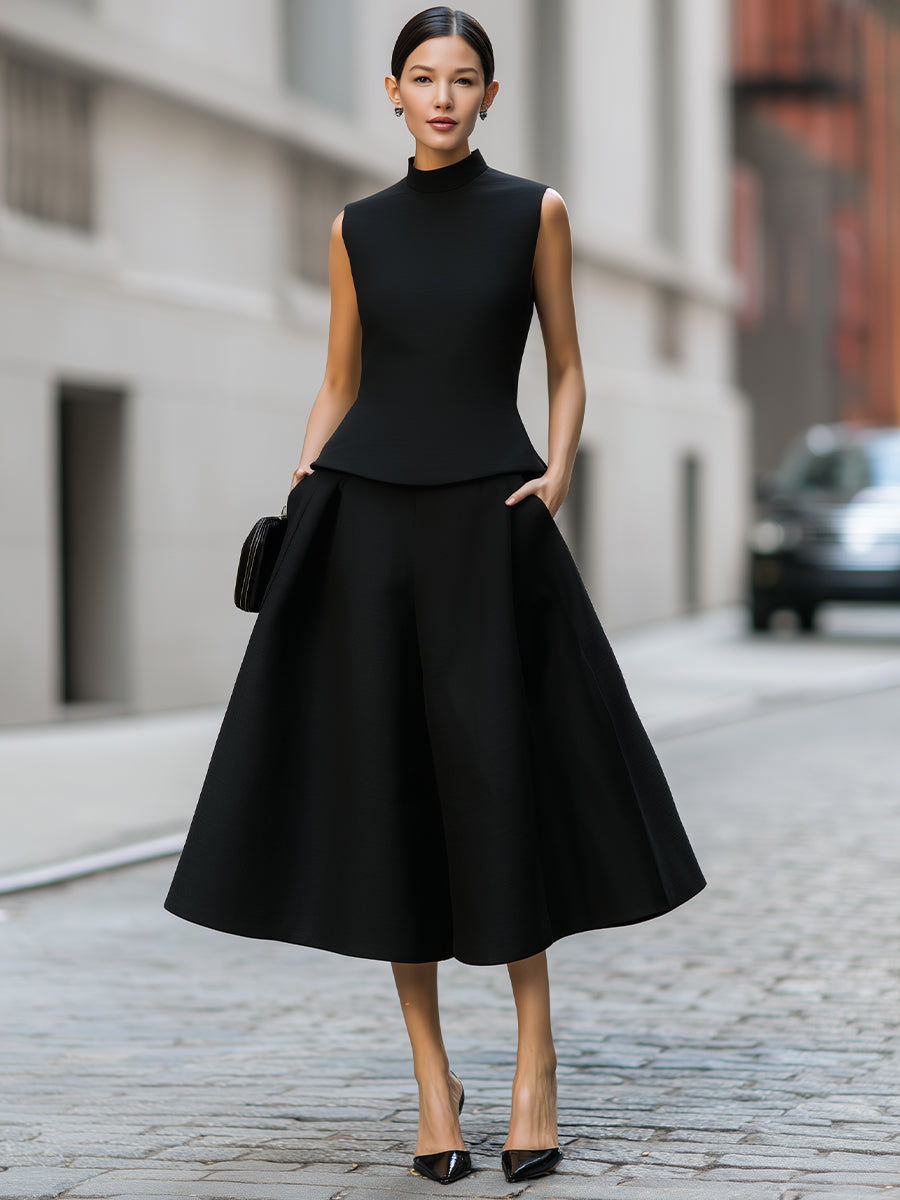 Sleeveless Mock Neck Top And A-Line Midi Skirt Set