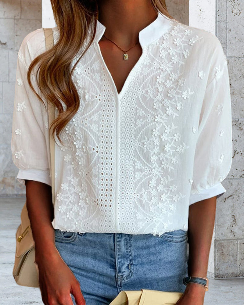 Blouse Femme Amélie – Top with V-Neck and Puff Sleeves, Cotton Blend & Patchwork Details
