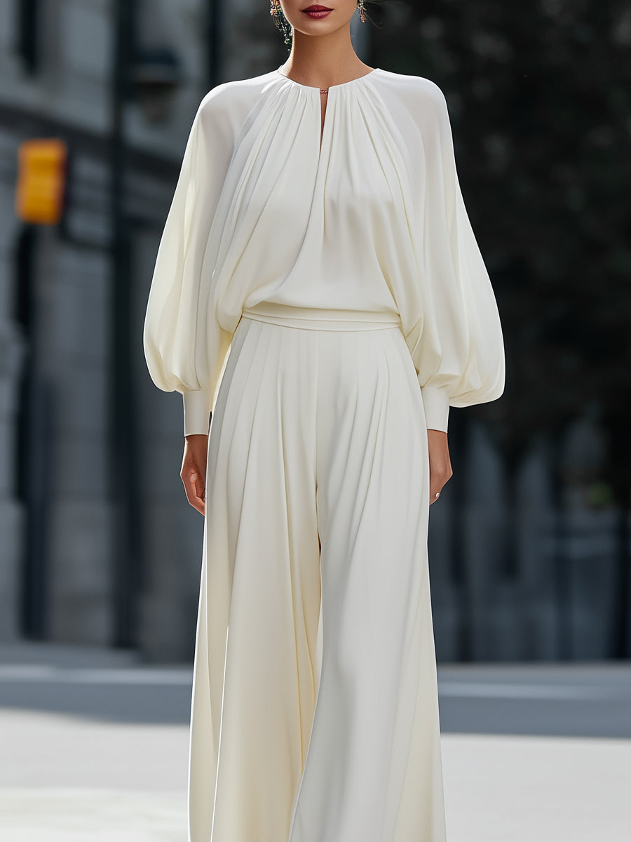 Pleated Chiffon Blouse & Wide-Leg Pants Set