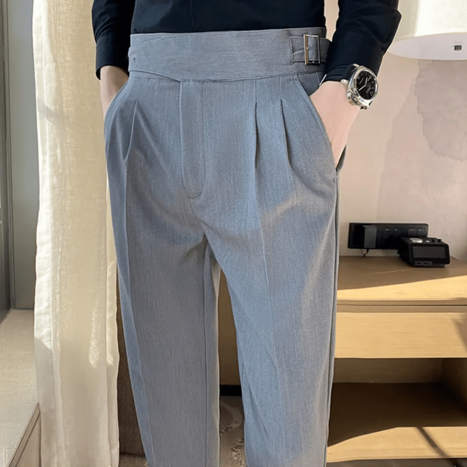 High Waisted Pleated Men's Formal Straight Fit Trousers