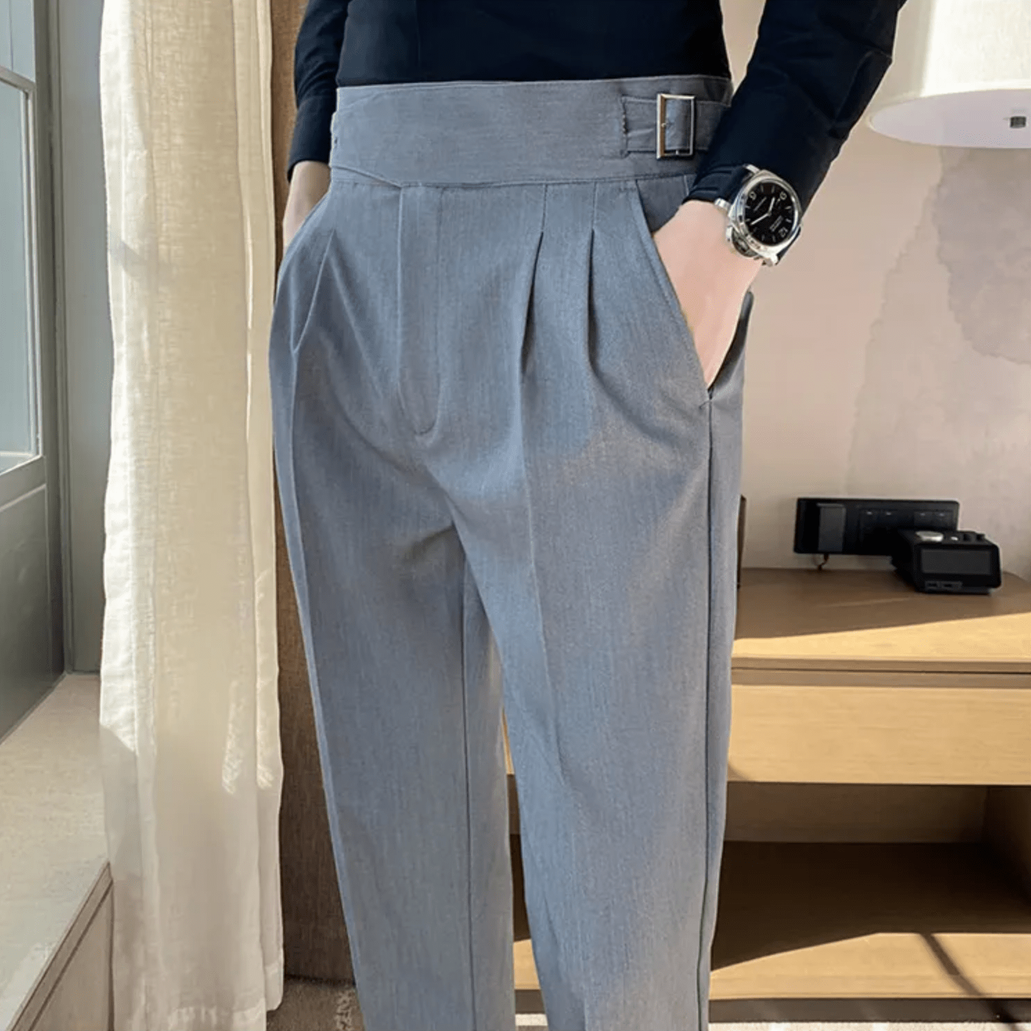 High Waisted Pleated Men's Formal Straight Fit Trousers