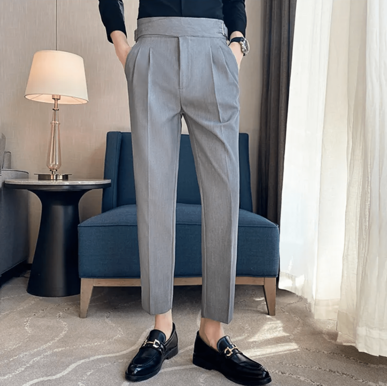 High Waisted Pleated Men's Formal Straight Fit Trousers