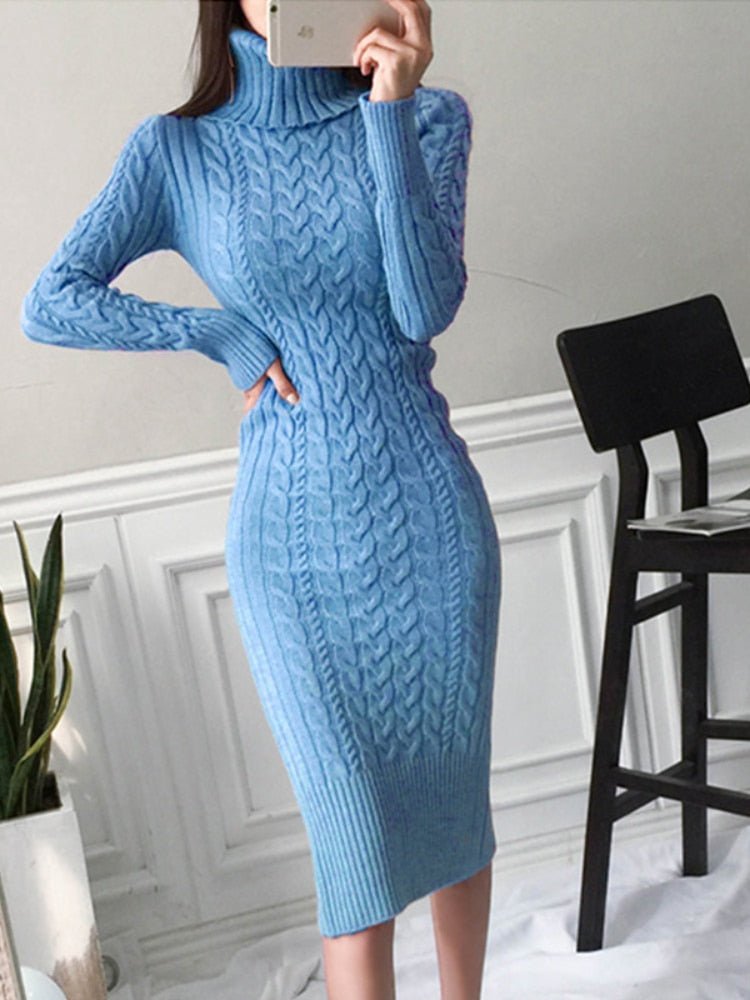 Women's Knitted Jumper Dress - Fitted with Cable Knit Pattern