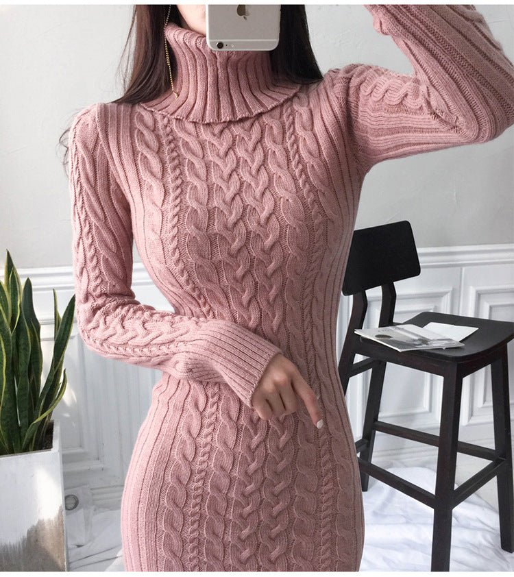Women's Knitted Jumper Dress - Fitted with Cable Knit Pattern