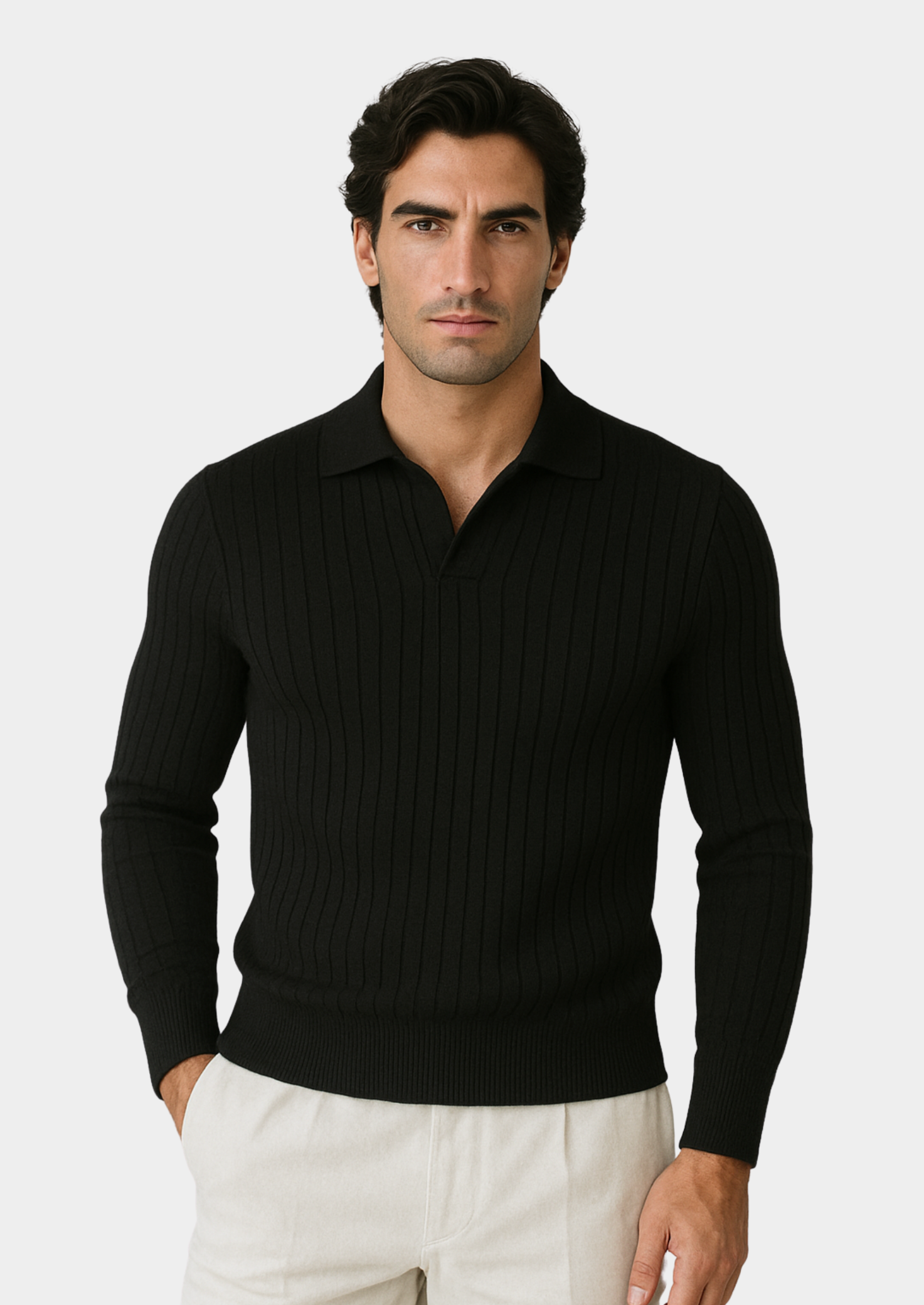 Men’s Black Ribbed Polo Sweater with Open Collar – Smart Casual Knit