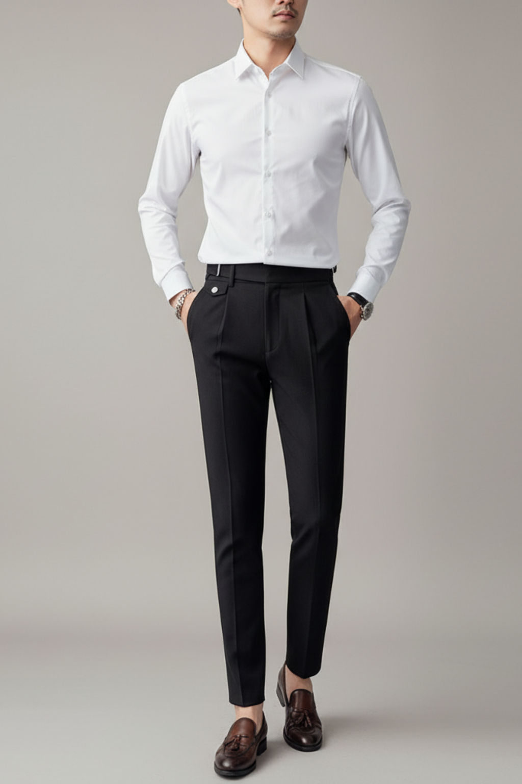 Men’s British Business Trousers – Tailored Pleated Fit with Waist Detail