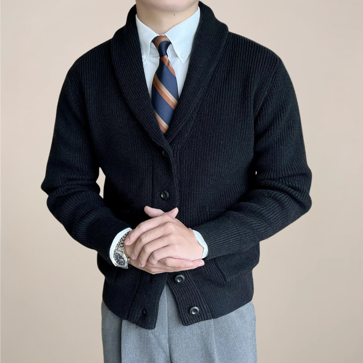 Men’s Cardigan Sweater – Ribbed Knit – Shawl Collar – Relaxed Fit – Button-Up