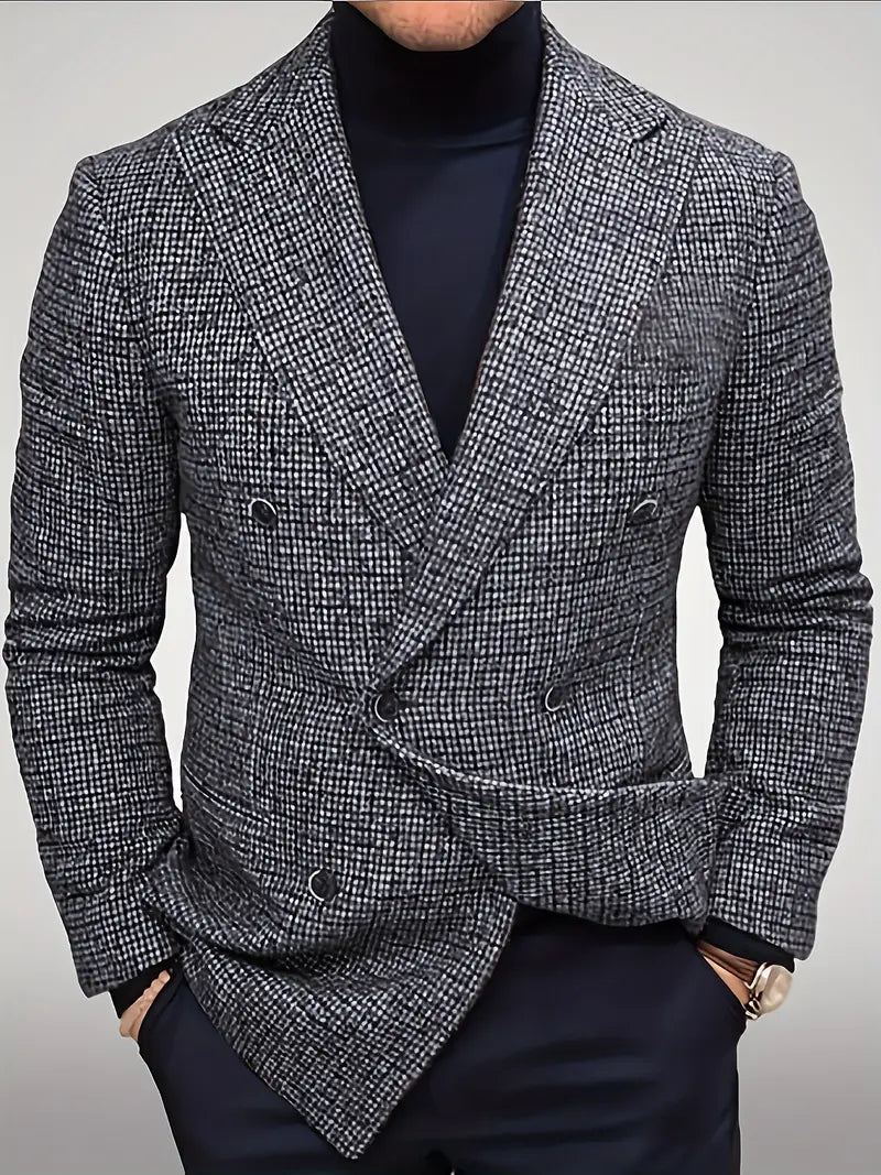 Men’s Check Double-Breasted Blazer – Slim Fit Notch Lapel Jacket
