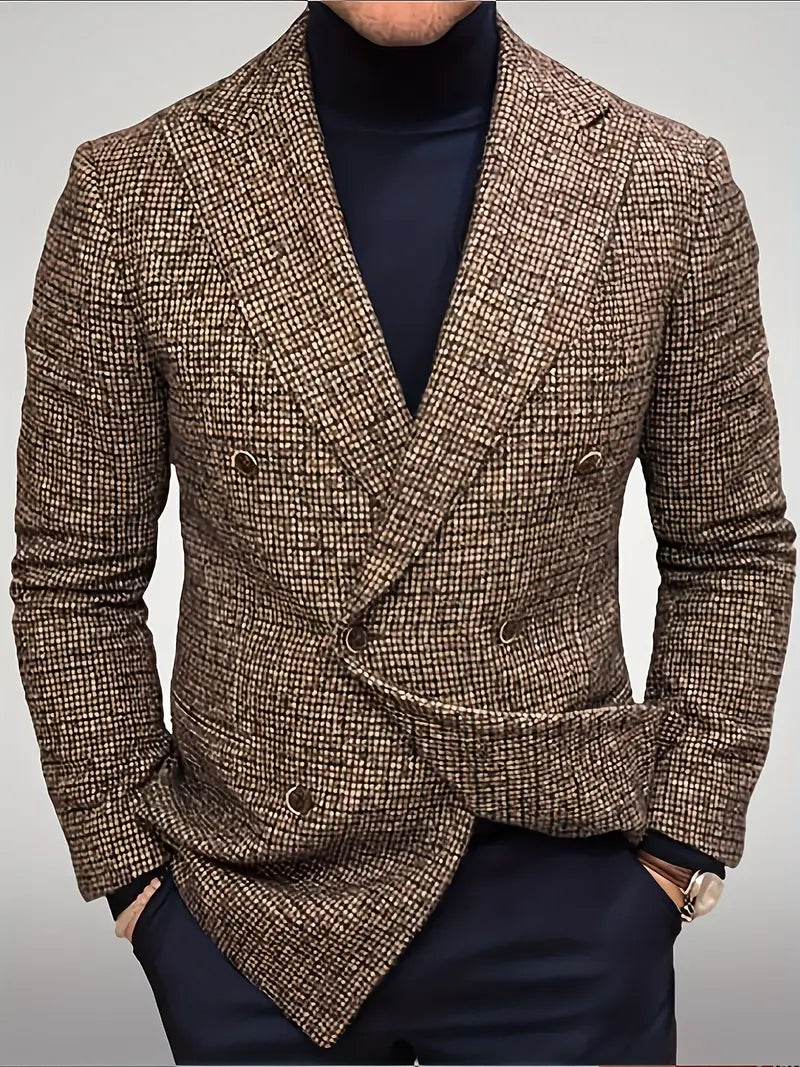 Men’s Check Double-Breasted Blazer – Slim Fit Notch Lapel Jacket