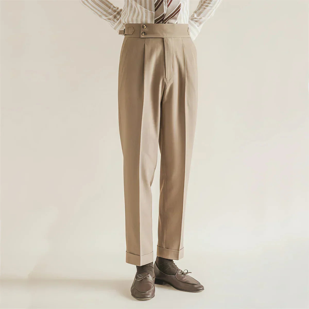 Men’s Formal Tailored Trousers – High-Rise Pleated Front with Cuffed Hem