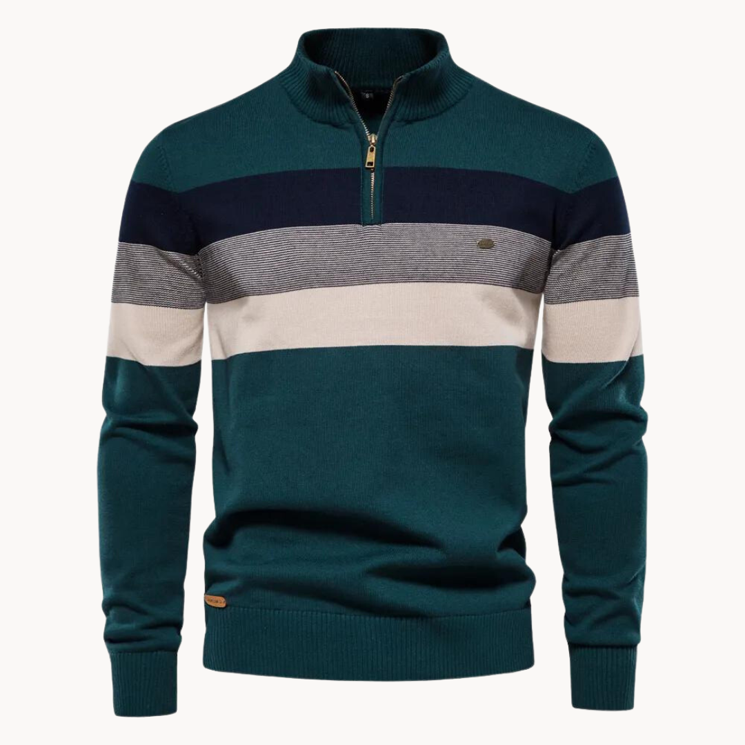 Men’s Half Zip Knitted Sweater with Bold Stripes – Autumn/Winter Casual Wear