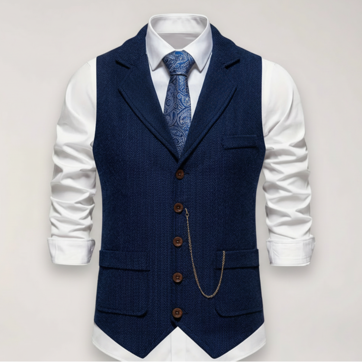 Men’s Herringbone Waistcoat – Classic Fit with Reversed Collar