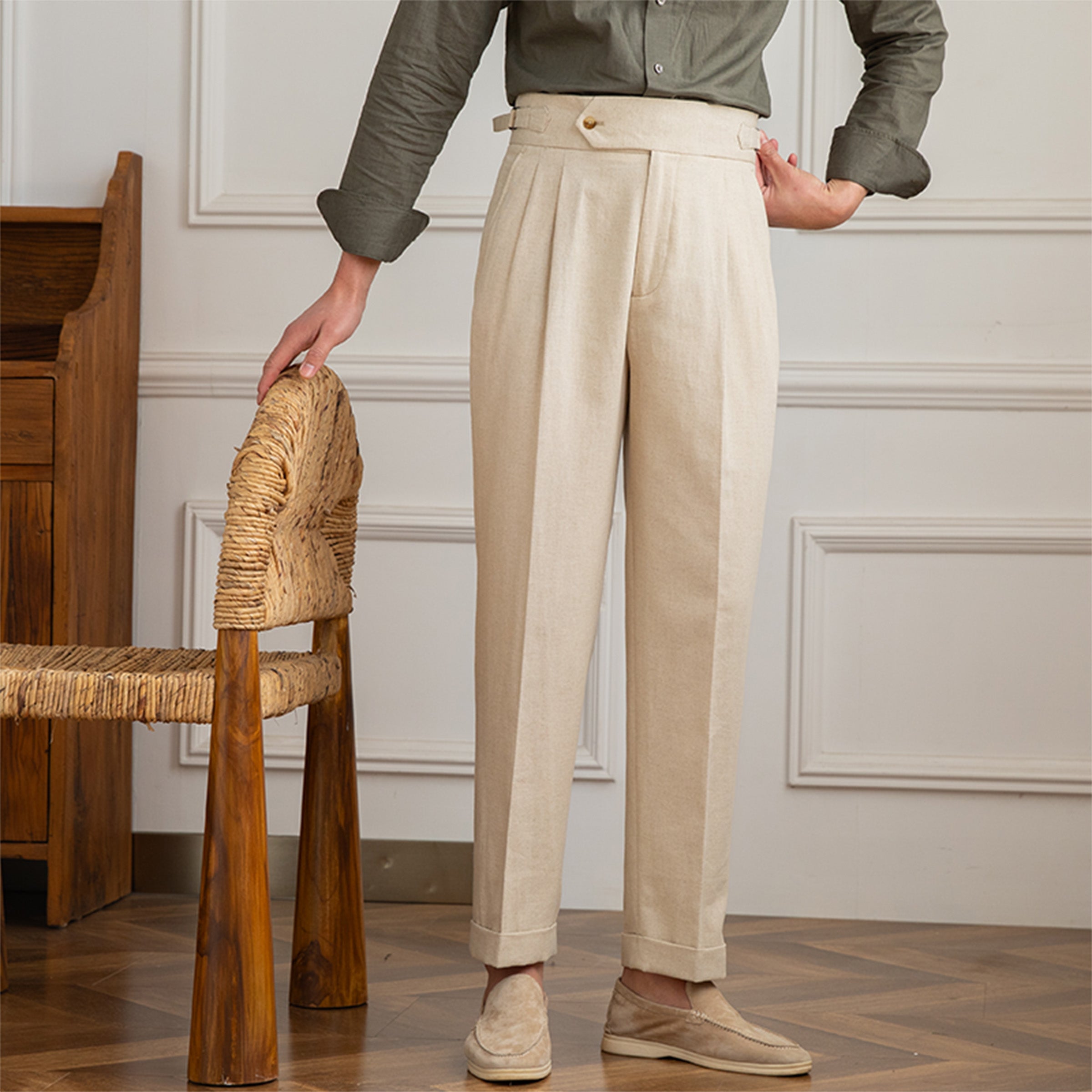 Men's High Waisted Pleated Trousers with Side Adjuster - Italian Style