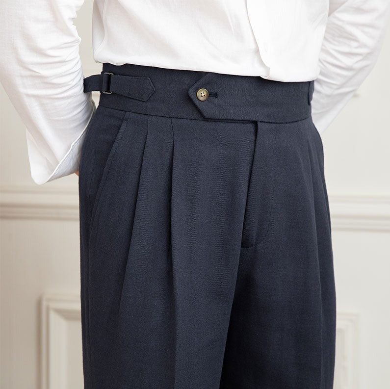 Men's High Waisted Pleated Trousers with Side Adjuster - Italian Style