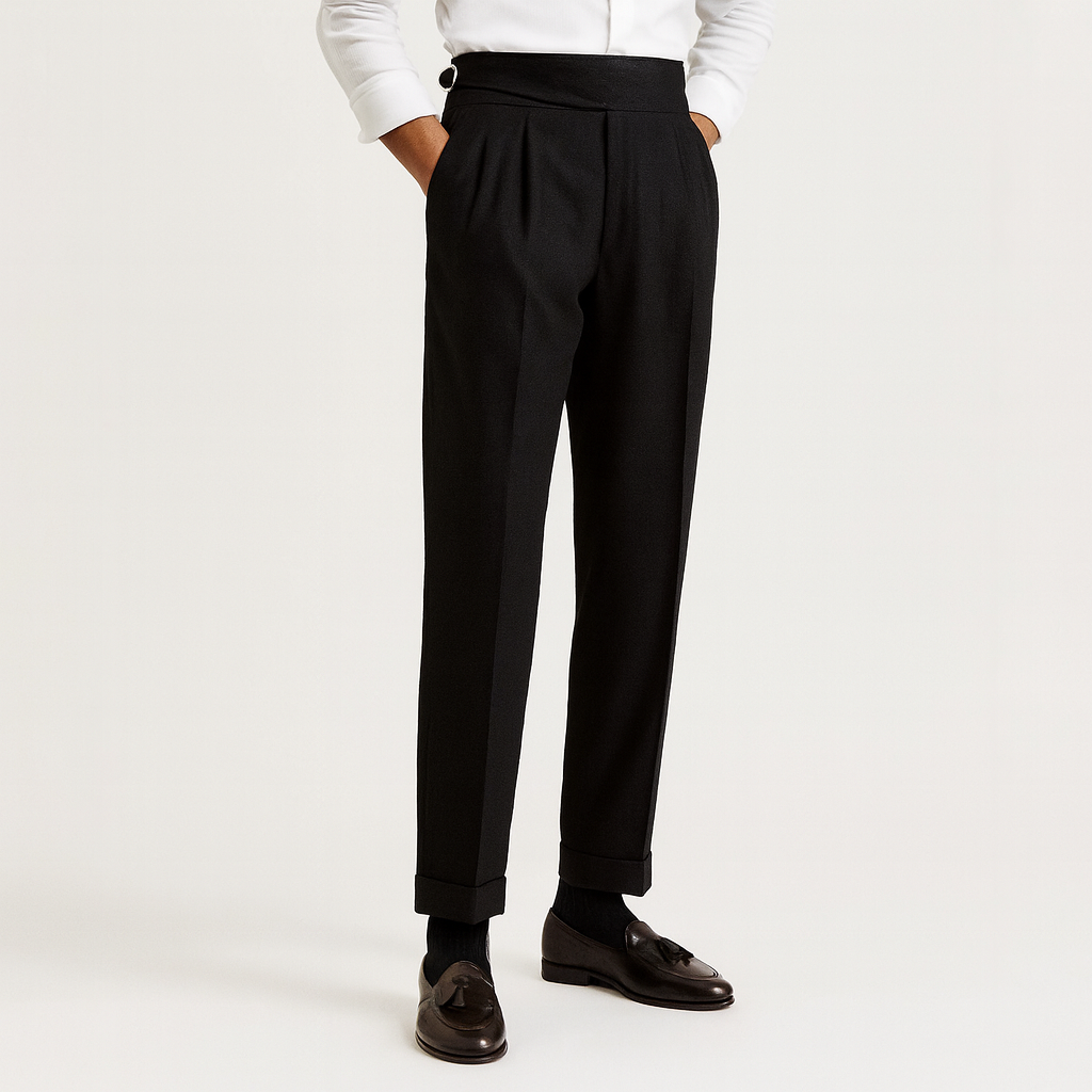 Men’s High-Waisted Pleated Trousers – Side Adjusters, Cuffed Hem