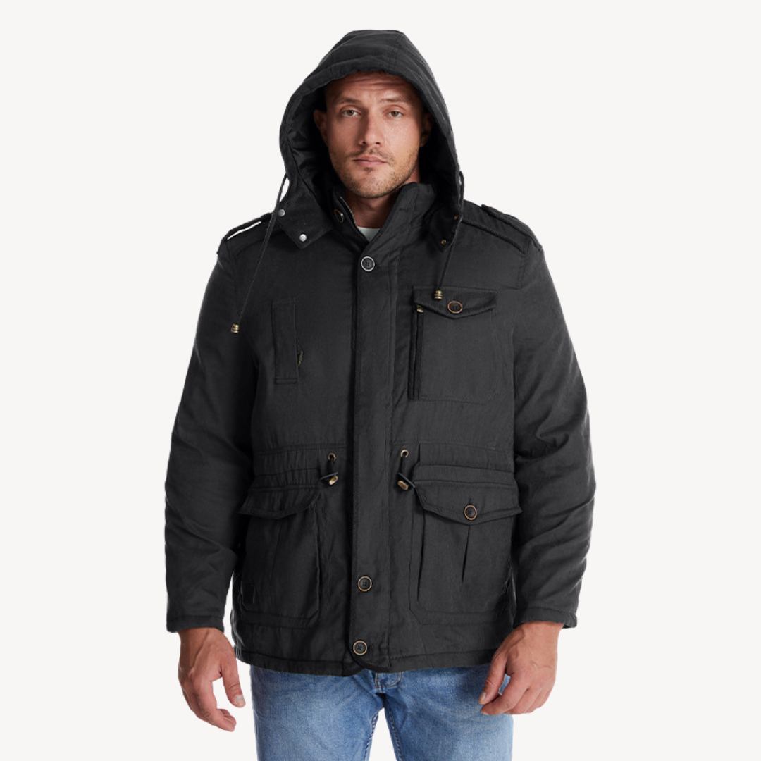 Men’s Hooded Utility Jacket – Zip-Through Parka with Lined Interior & Multi Pockets