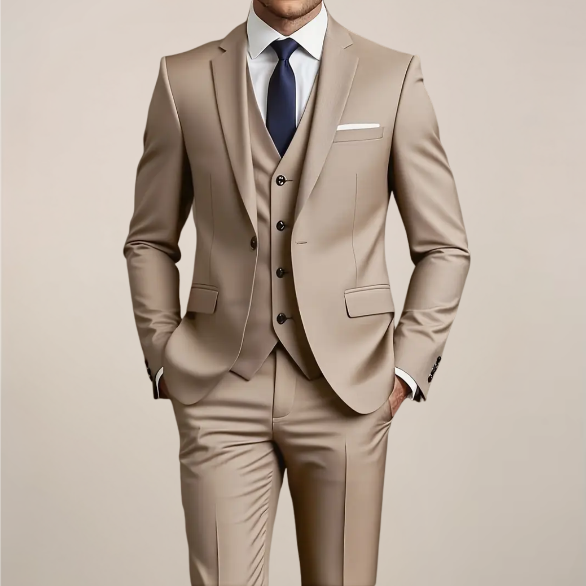 Men’s Khaki Three-Piece Suit – Slim Fit Tuxedo for Weddings and Formal Occasions