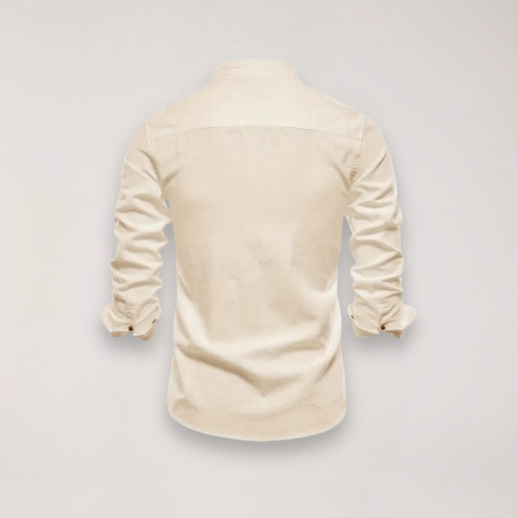 Men’s Long Sleeve Stand Collar Shirt – Embroidered Solid Design for Smart Casual Styling