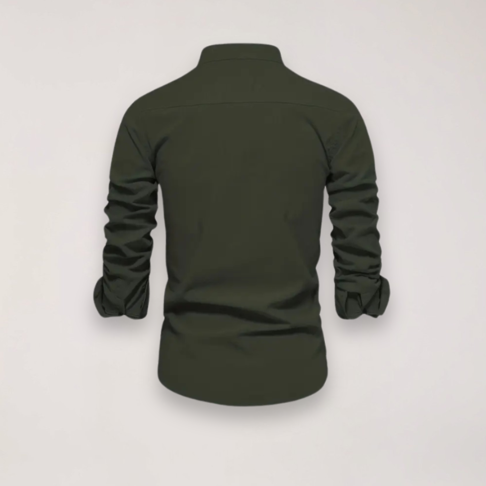 Men’s Long Sleeve Stand Collar Shirt – Embroidered Solid Design for Smart Casual Styling