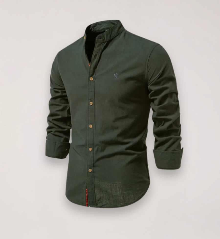 Men’s Long Sleeve Stand Collar Shirt – Embroidered Solid Design for Smart Casual Styling