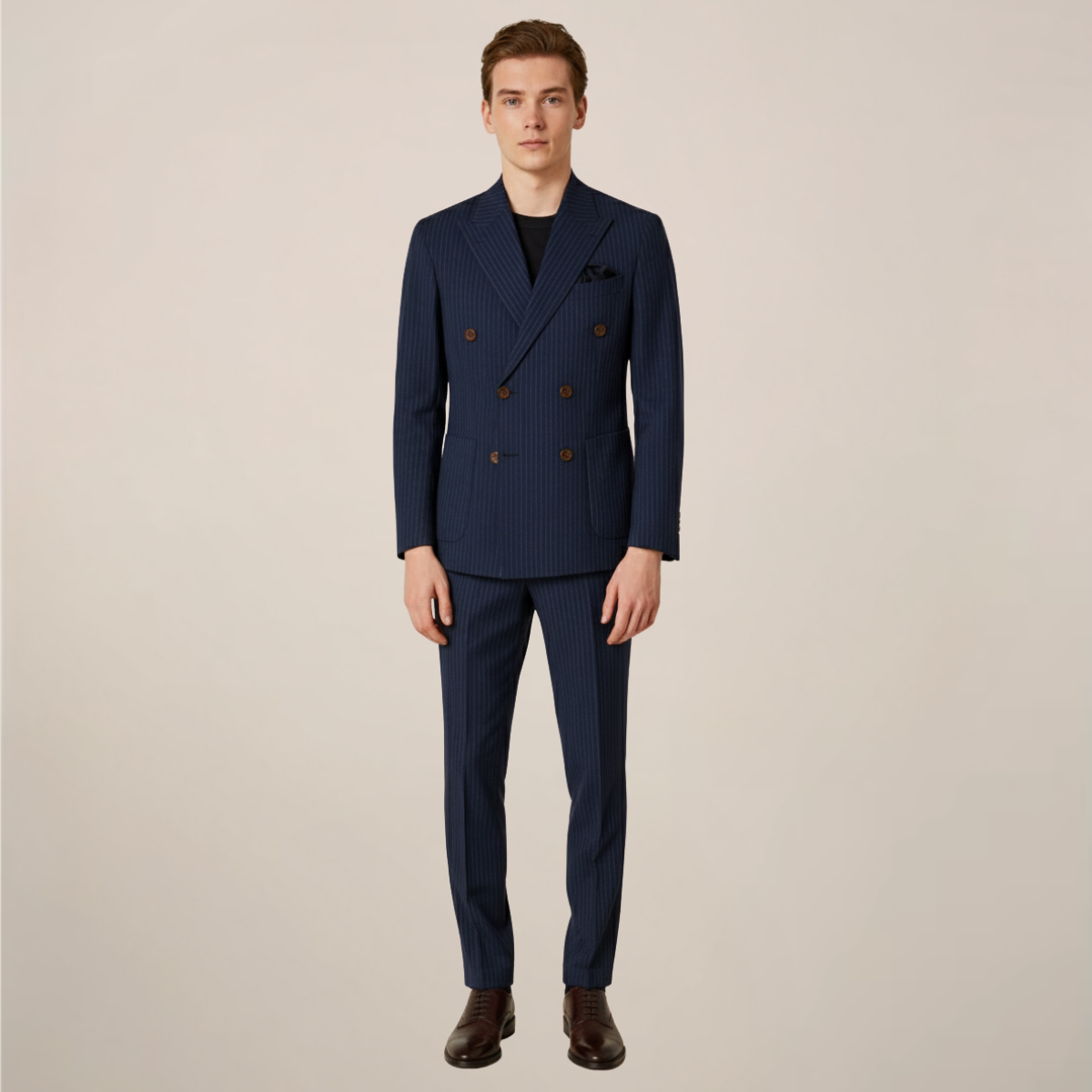 Men’s Navy Blue Double-Breasted Pinstripe Suit – Tailored Formal Set for Business and Evening Events