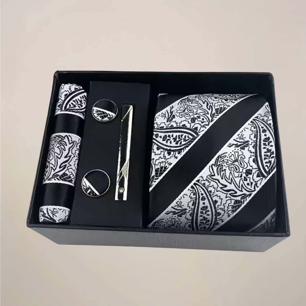 Men’s Paisley Tie Gift Set – Formal Necktie, Pocket Square, Cufflinks & Clip in Box