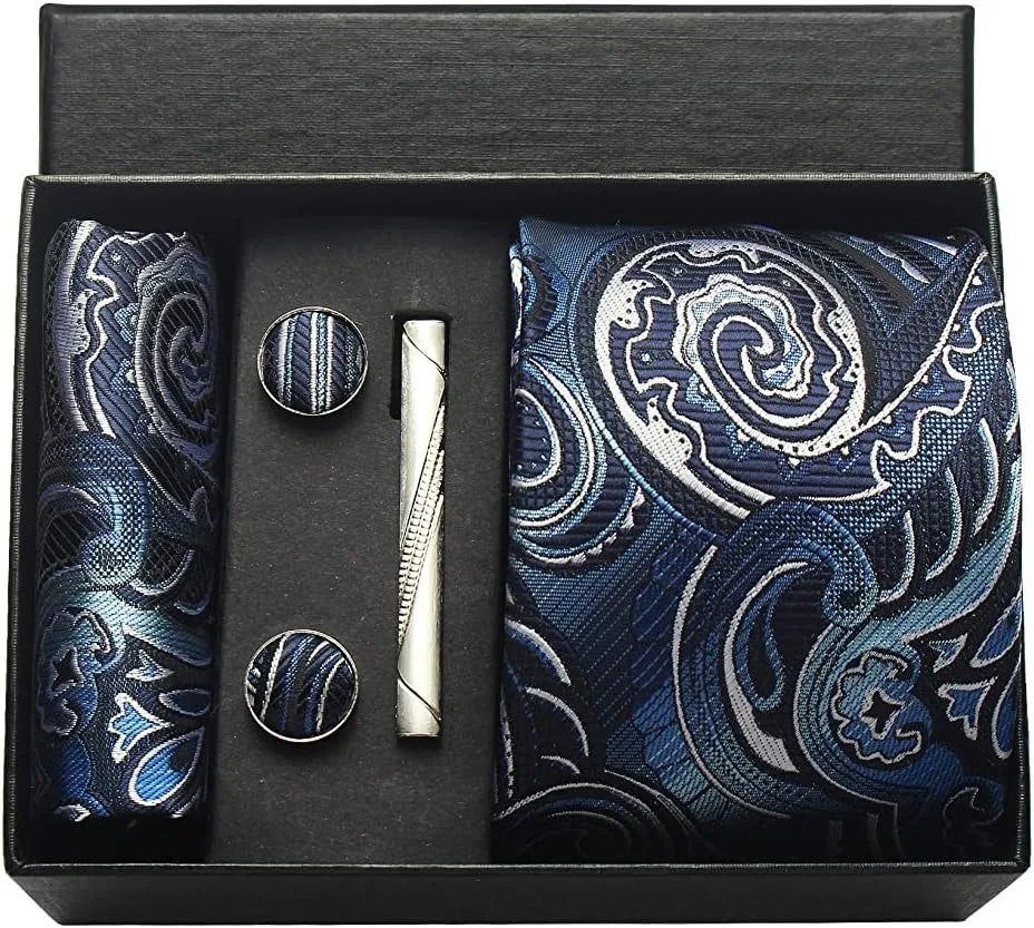 Men’s Paisley Tie Gift Set – Formal Necktie, Pocket Square, Cufflinks & Clip in Box