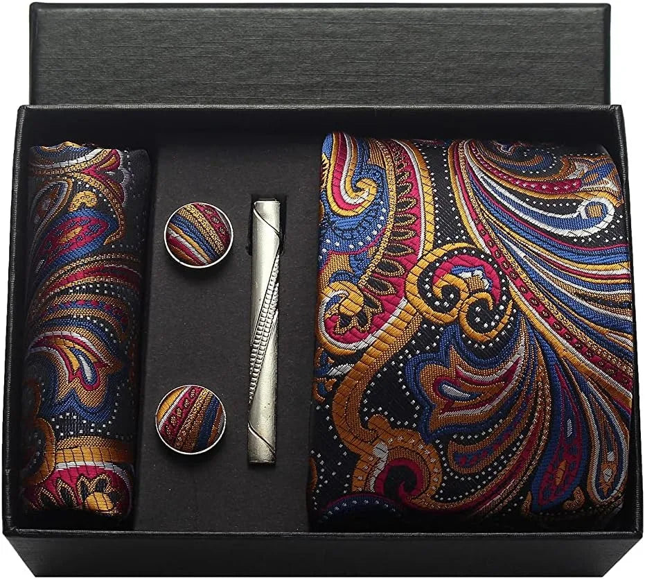 Men’s Paisley Tie Gift Set – Formal Necktie, Pocket Square, Cufflinks & Clip in Box