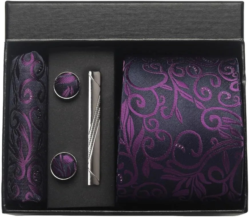 Men’s Paisley Tie Gift Set – Formal Necktie, Pocket Square, Cufflinks & Clip in Box