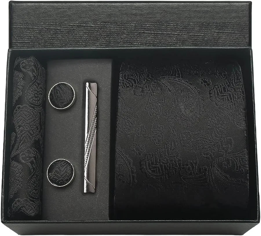 Men’s Paisley Tie Gift Set – Formal Necktie, Pocket Square, Cufflinks & Clip in Box