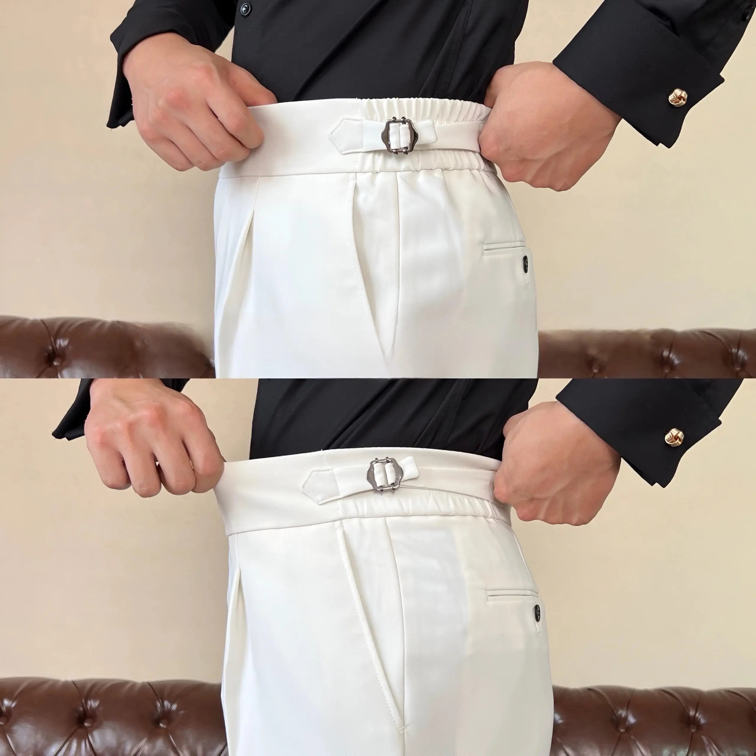 Men’s Pleated Trousers – Side-Tab Adjusters and Stretch Fit for Modern Tailoring