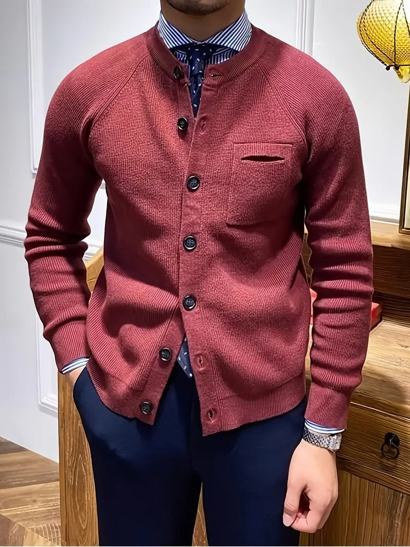 Men’s Ribbed Cardigan Sweater – Crew Neck, Button Front, Chest Pocket
