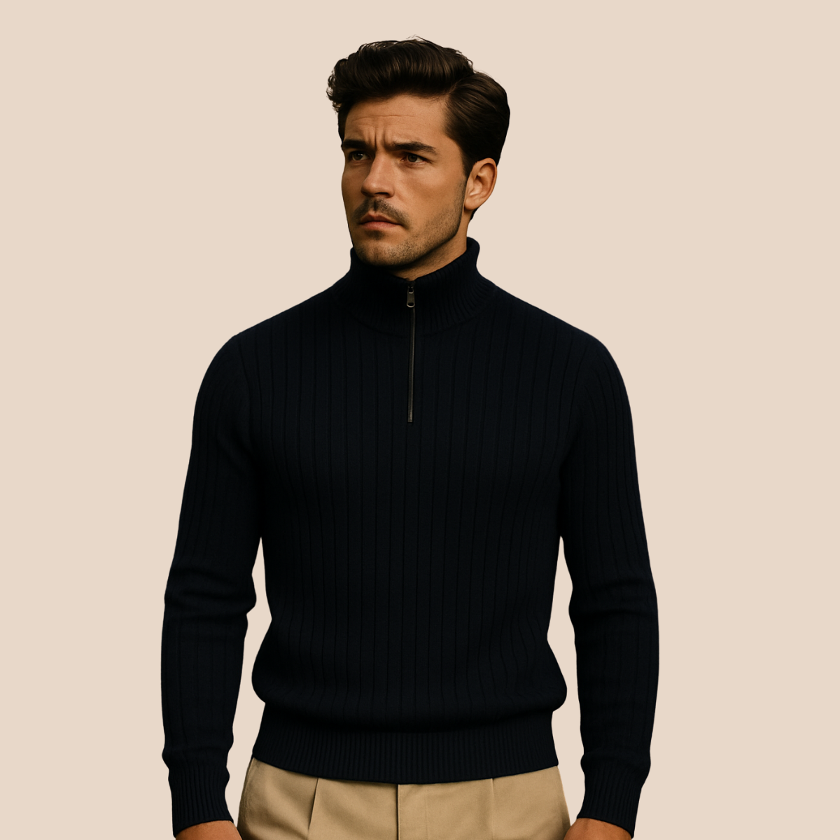 Men’s Ribbed Half Zip Jumper – Stand Collar, Warm Knit